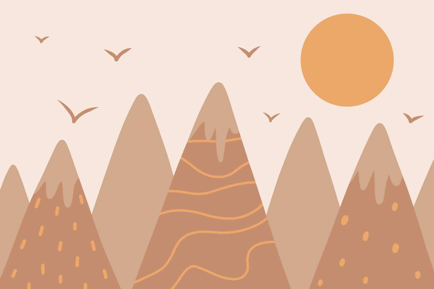 Vector childish drawn mountain illustration in scandinavian style. Mountain landscape, sun and birds. children's wallpaper. Mountain landscape, children's room design, wall decor. Kid's boho style.