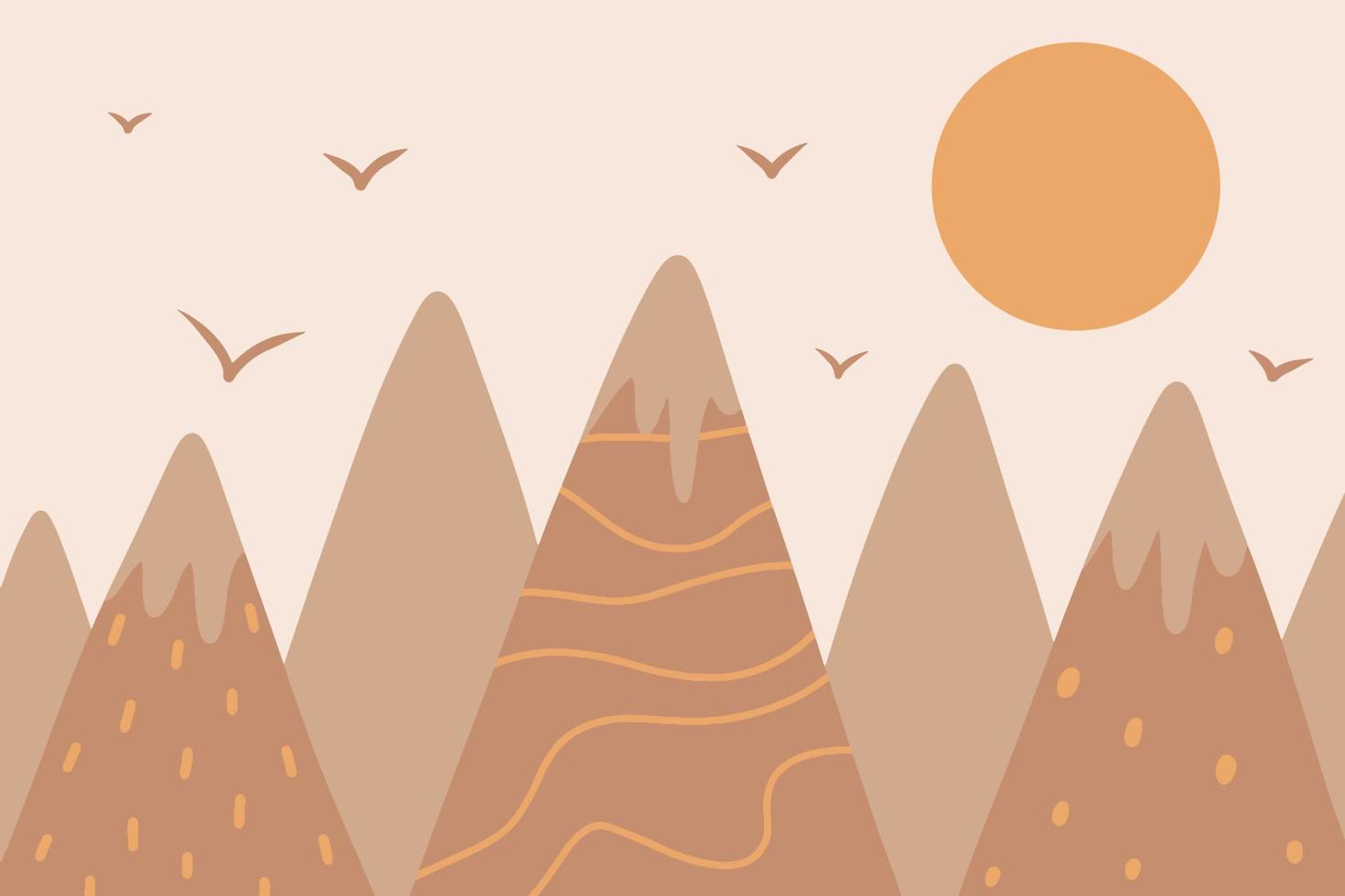 ilustración de montaña dibujada por niños vectoriales en estilo escandinavo. paisaje de montaña, sol y pájaros. papel pintado infantil. paisaje de montaña, diseño de habitaciones infantiles, decoración de paredes. estilo boho infantil. vector