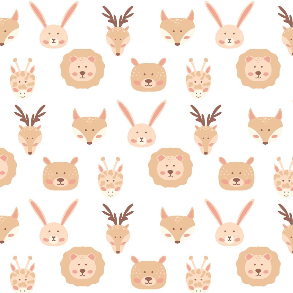 Childish  pattern with cute animal heads. Drawn pattern with hare, bear, deer, fox, lion and giraffe. Kid's boho style. Scandinavian style.Vector illustration. vector