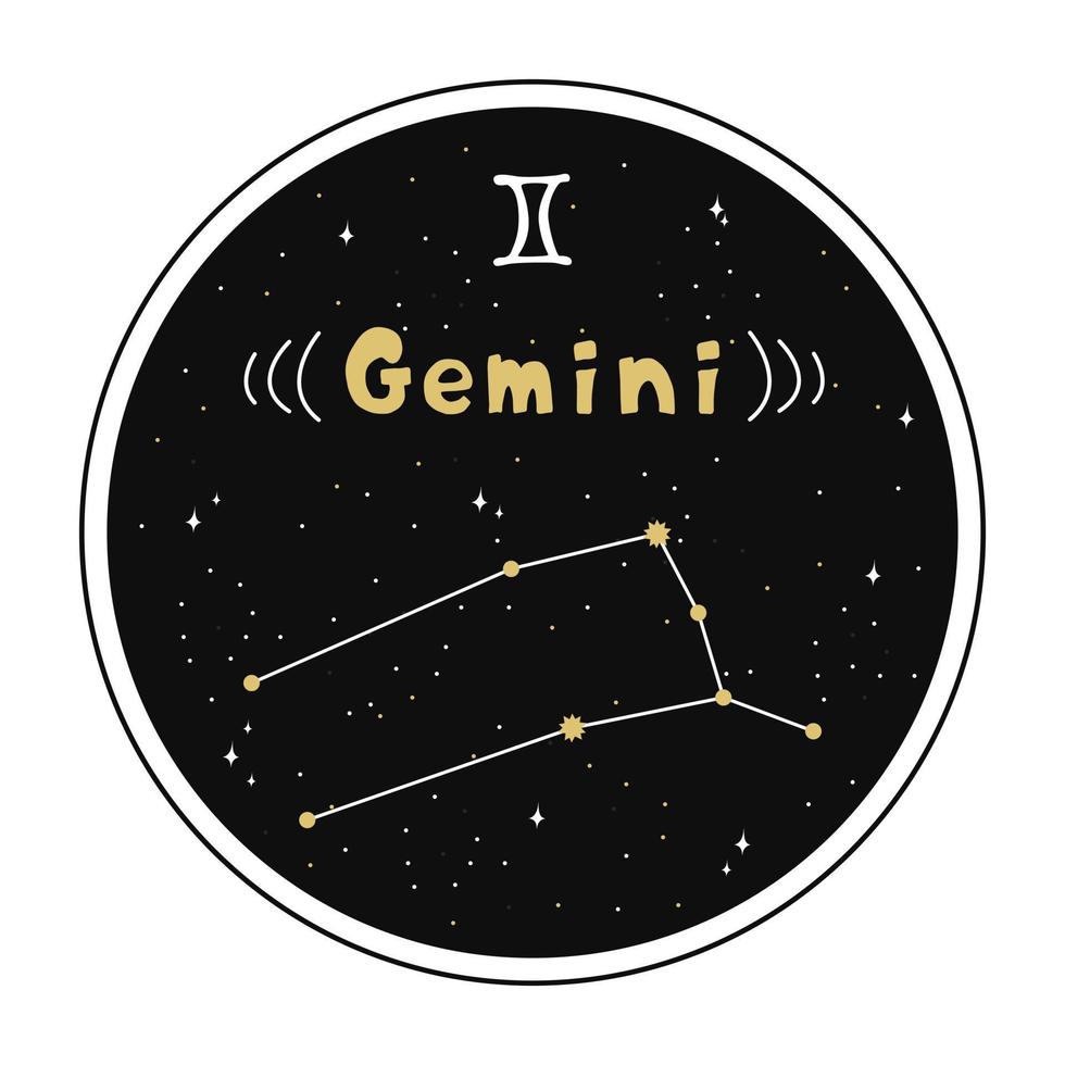 Gemini. Zodiac Sign And Constellation In A Circle. Set Of Zodiac Signs In Doodle Style, Hand Drawn. vector