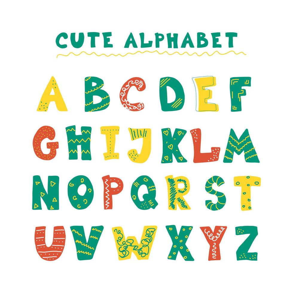 Doodle Hand Drawn Style Outline Colorful Letters Of English Alphabet, Cute Funny Decorative Font, Lettering. vector