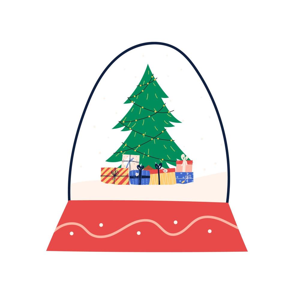 globo de nieve de navidad dibujado a mano con árbol y cajas de regalo debajo, ilustración vectorial plana aislada en blanco. lindo juguete tradicional para la celebración de las vacaciones de invierno. vector