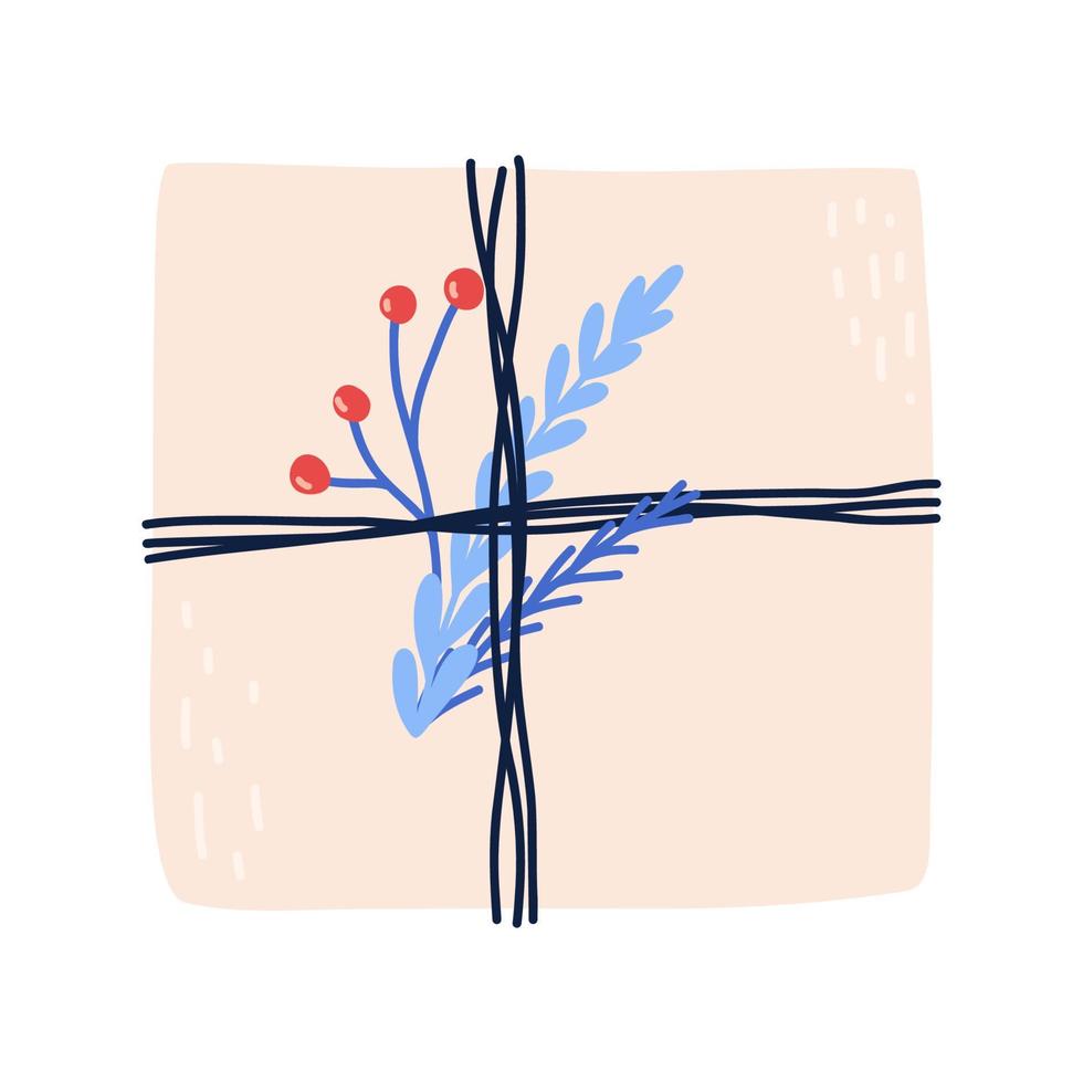 caja de regalo dibujada a mano con plantas y bayas de invierno, ilustración vectorial de fideos aislada en fondo blanco. papel de regalo ecológico para regalos. vector