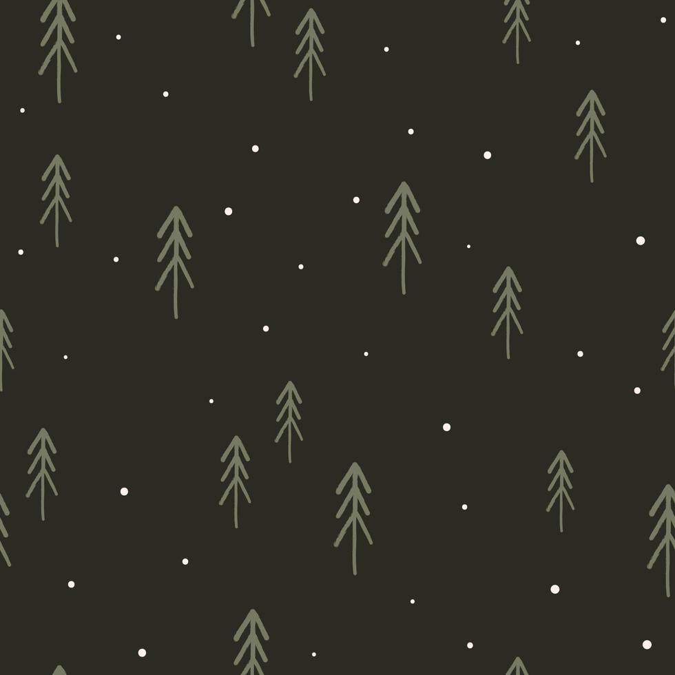 Simple Christmas seamless pattern with minimalist trees, flat vector illustration on dark. Cute winter background, great for wrapping paper or textile design.