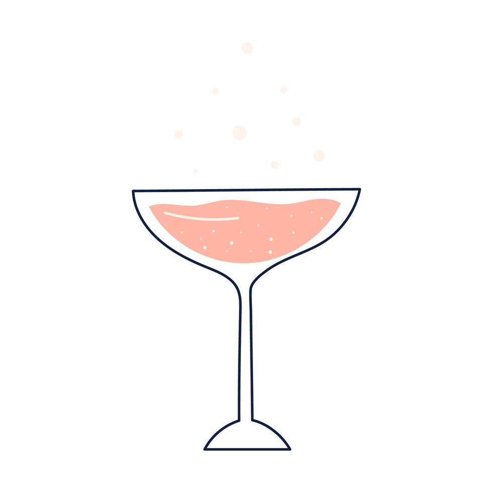 Glass of rose wine or martini with linear element, flat vector illustration isolated on white background. Hand drawn glass for  drinking alcoholic beverages at the parties.