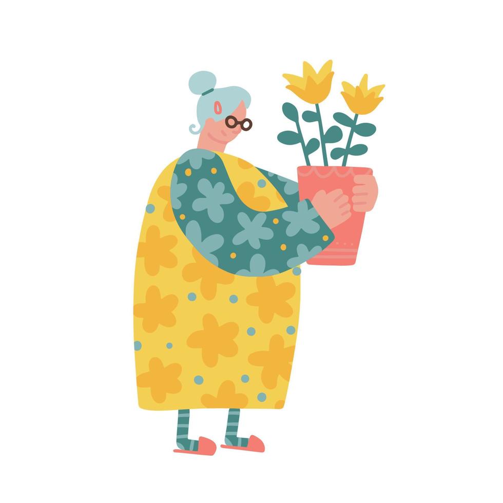 Pasatiempo de jardinería para mujeres mayores. personaje femenino de cabello gris envejecido sosteniendo en sus manos una planta casera en una maceta. anciana en vestido doméstico llevar maceta con planta de interior floreciente. ilustración vectorial plana vector