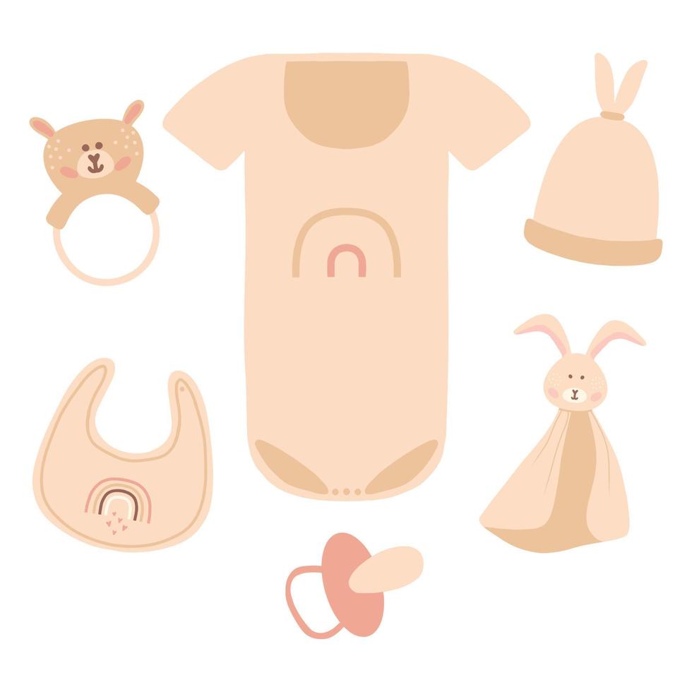 atuendo bohemio. lindo armario de niña. ilustración vectorial accesorios para recién nacido. ropa boho de bebé, ropa boho abstracta, ropa mínima linda para niños, imágenes prediseñadas de ropa. vector