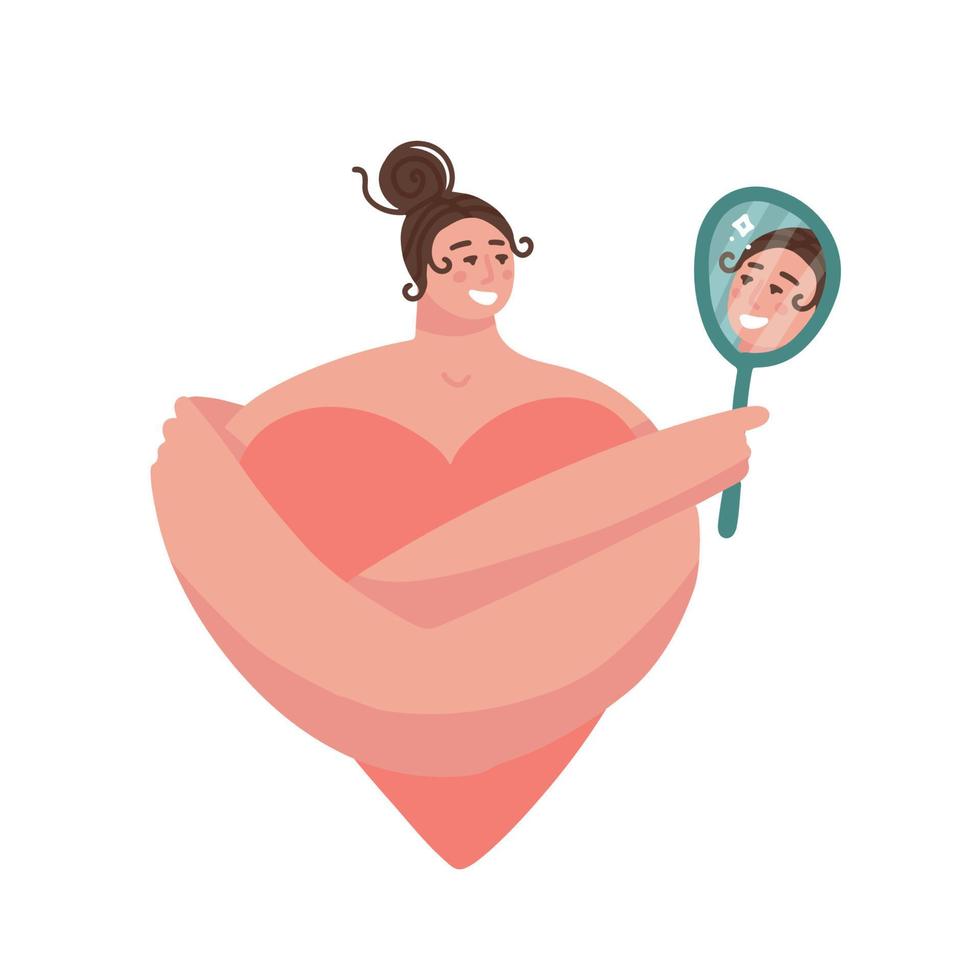 concepto de confianza en el amor propio. la chica abraza un gran corazón y mira su apariencia en el espejo. satisfacción personal, belleza de talla grande. salud mental, confianza, fuerza interior. ilustración vectorial plana vector