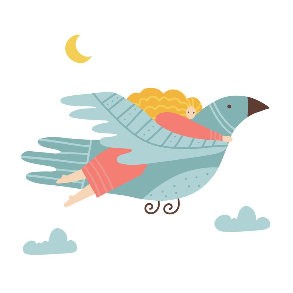 Woman flies through the sky hugging huge bird. Sleeping and dreaming. Psychological concept of mental health. Female character is a flying on big bird. Vector flat hand drawn illustration.