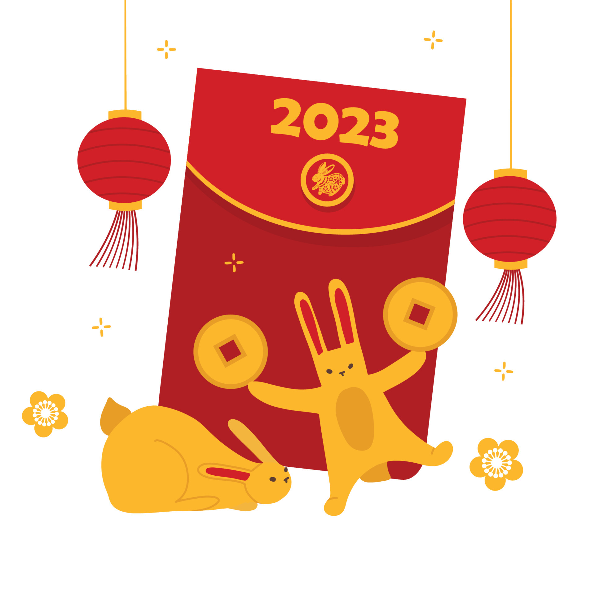 Chinese New Year Card, 2023 year of rabbit. Concept of celebrating holiday  with big red envelope and rabbits playing with gold coins. Flat hand drawn  vector illustration 6886340 Vector Art at Vecteezy