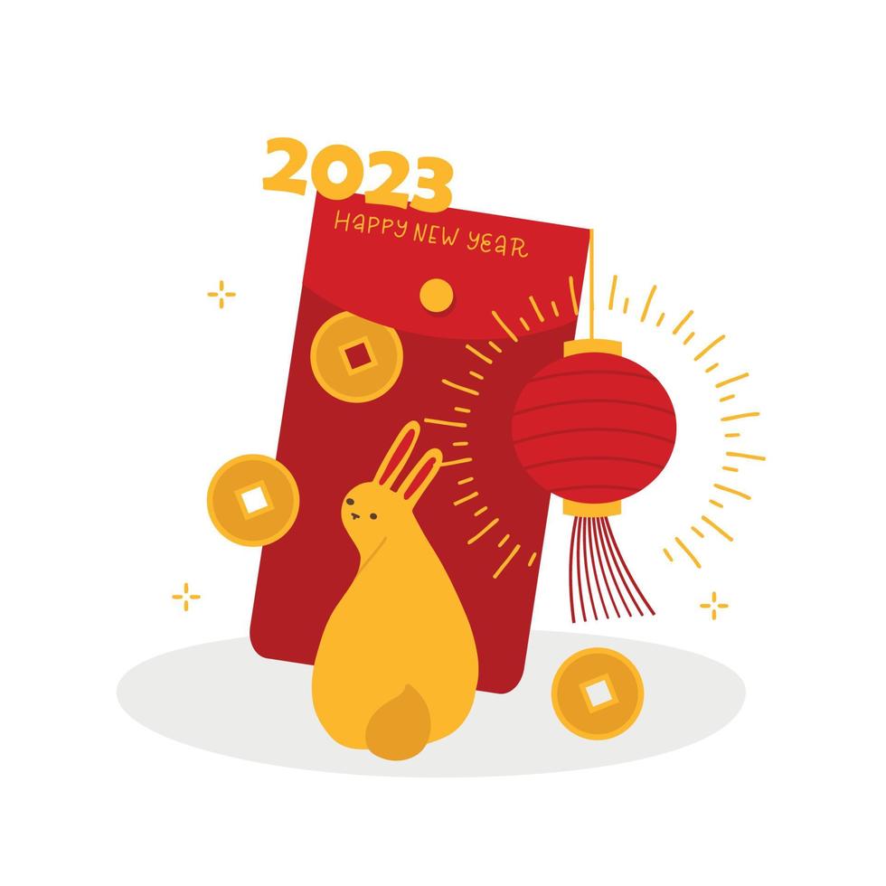 Happy 2023 Chinese new year concept for cards or banners with cute rabbit with gold money and lantern. Big red packet with coins. Animal zodiac symbol of 2023. Flat hand drawn vector illustration