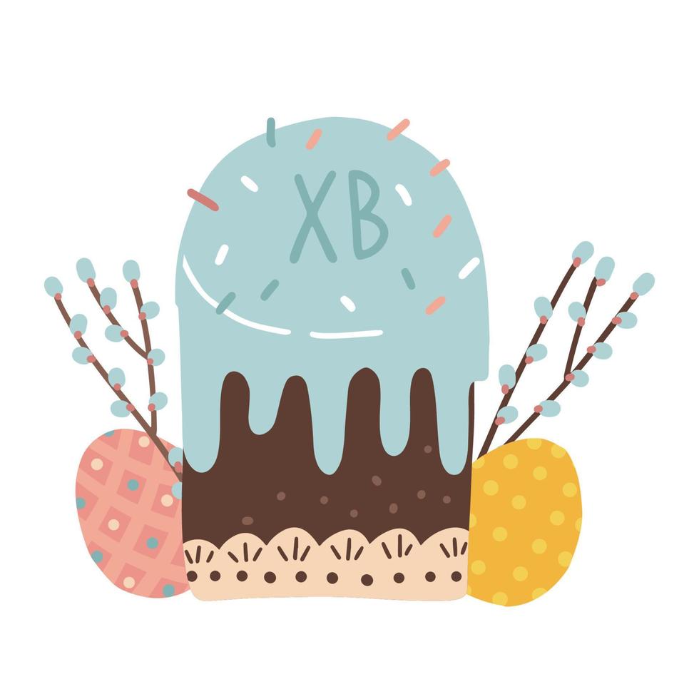 panadería de pascua con rama de sauce y huevos coloreados de pascua. feliz concepto de pastel de pascua para pancarta o tarjeta de felicitación. ilustración vectorial dibujada a mano plana. traducción cirílica de xb - cristo ha resucitado vector