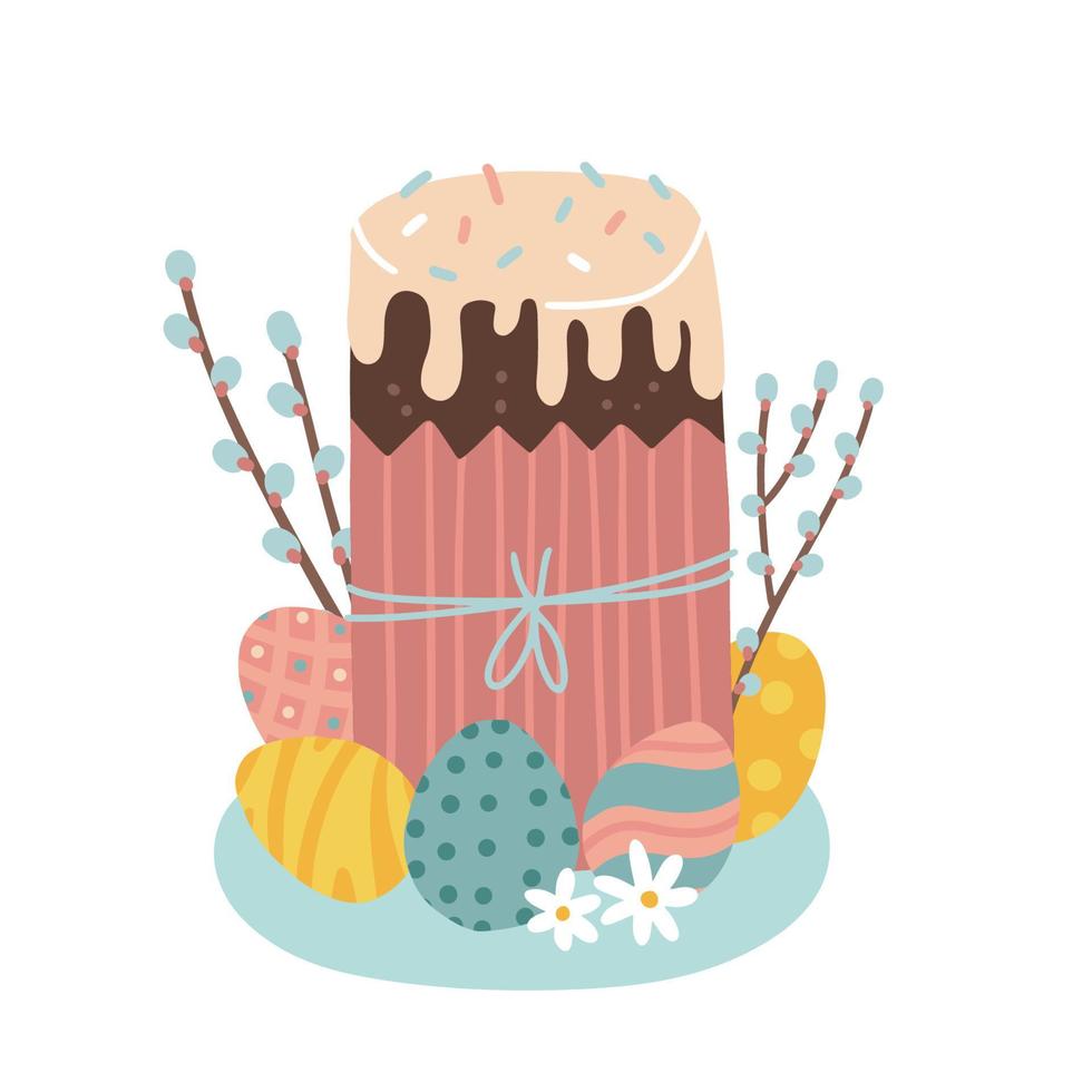 Easter cake with willow branches and colored chicken eggs on a plate in flowers. Cute Isolated Flat Vector illustration in a simple cartoon style.