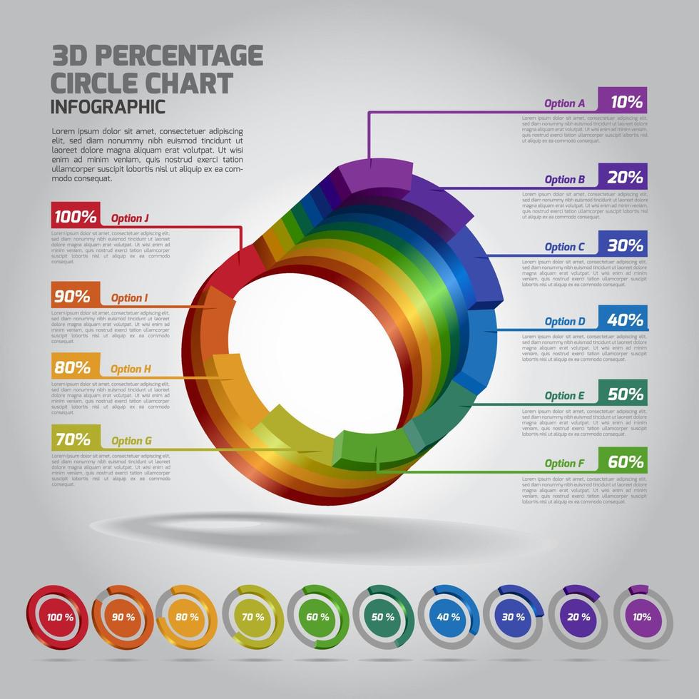 3D Percentage Circle Chart Infographics with presentation icons collection. Fully editable vector based Infographic elements.