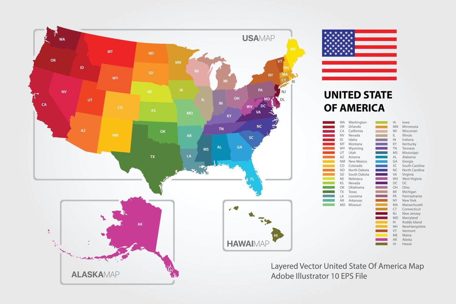 colorido vector de mapa de estados unidos de américa del dibujado con gran detalle y precisión.