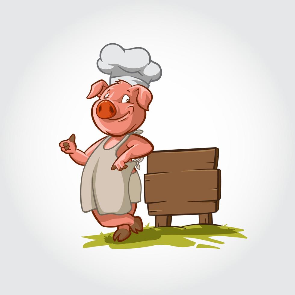 Pig Chef Smilling Mascot Cartoon Character. This pig vector illustration lean next to a wooden plank and give a thumbs up.