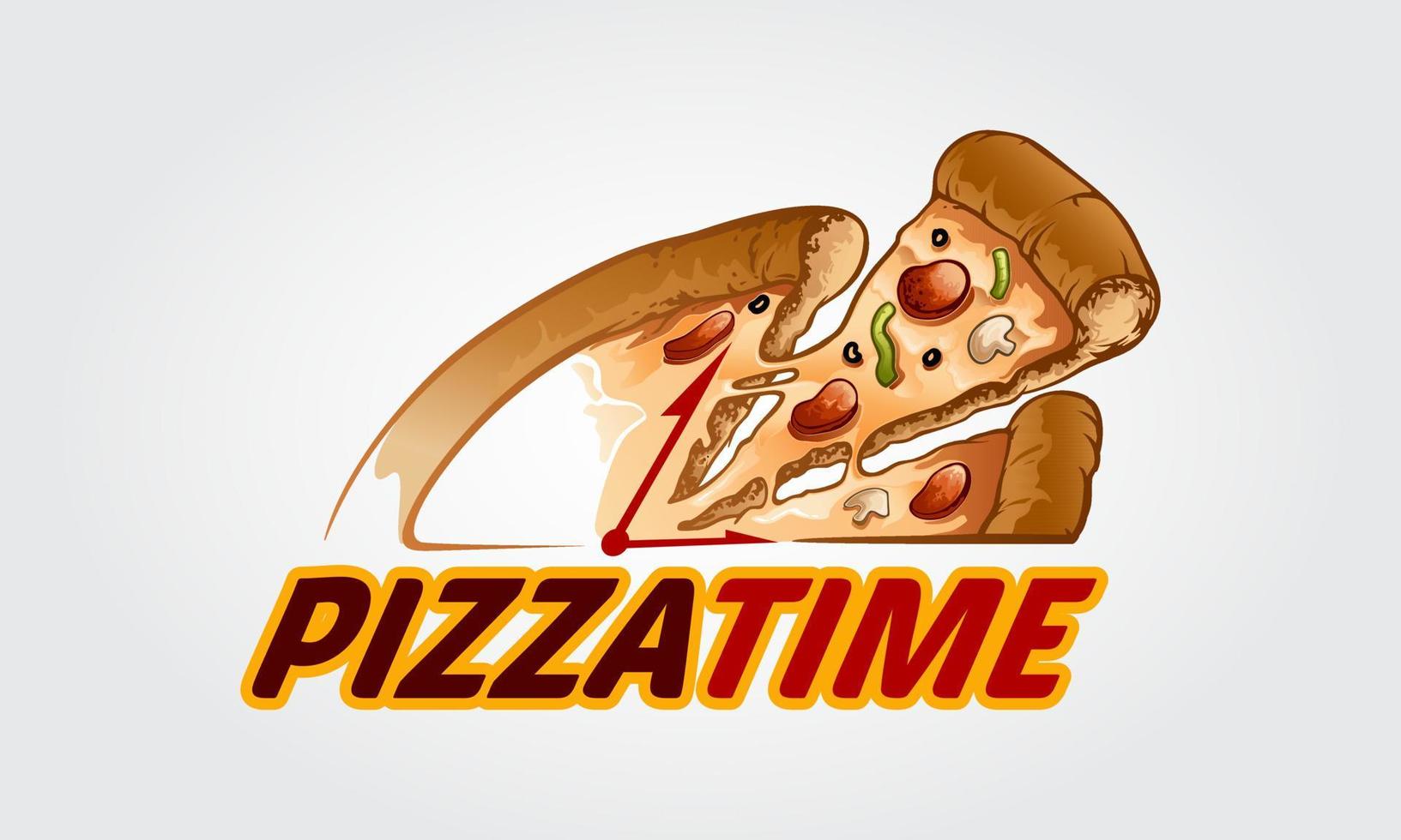 dibujos animados de logo de vector de tiempo de pizza. este logotipo es muy adecuado para cualquier restaurante relacionado con la pizza, comida rápida, entrega, trattoria, bistró, catering y negocios relacionados con la comida italiana.