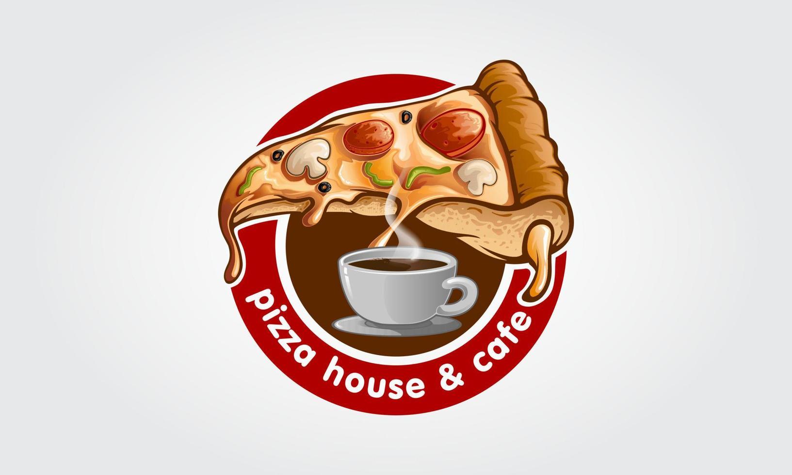 Pizza House And Cafe Vector Logo Cartoon. Illustration symbols cups of hot drink with pizza. This logo is highly suitable for any pizza, drink, cafe, fast food, delivery, bistro, catering and Italian.