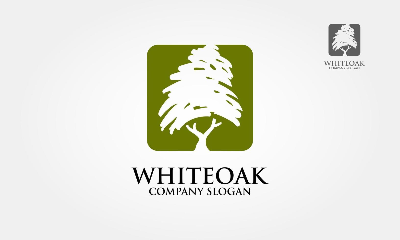 White Oak Tree Logo Template. A simple scratch oak tree silhouette on green background. Modern vector sign. Premium quality illustration logo design concept.