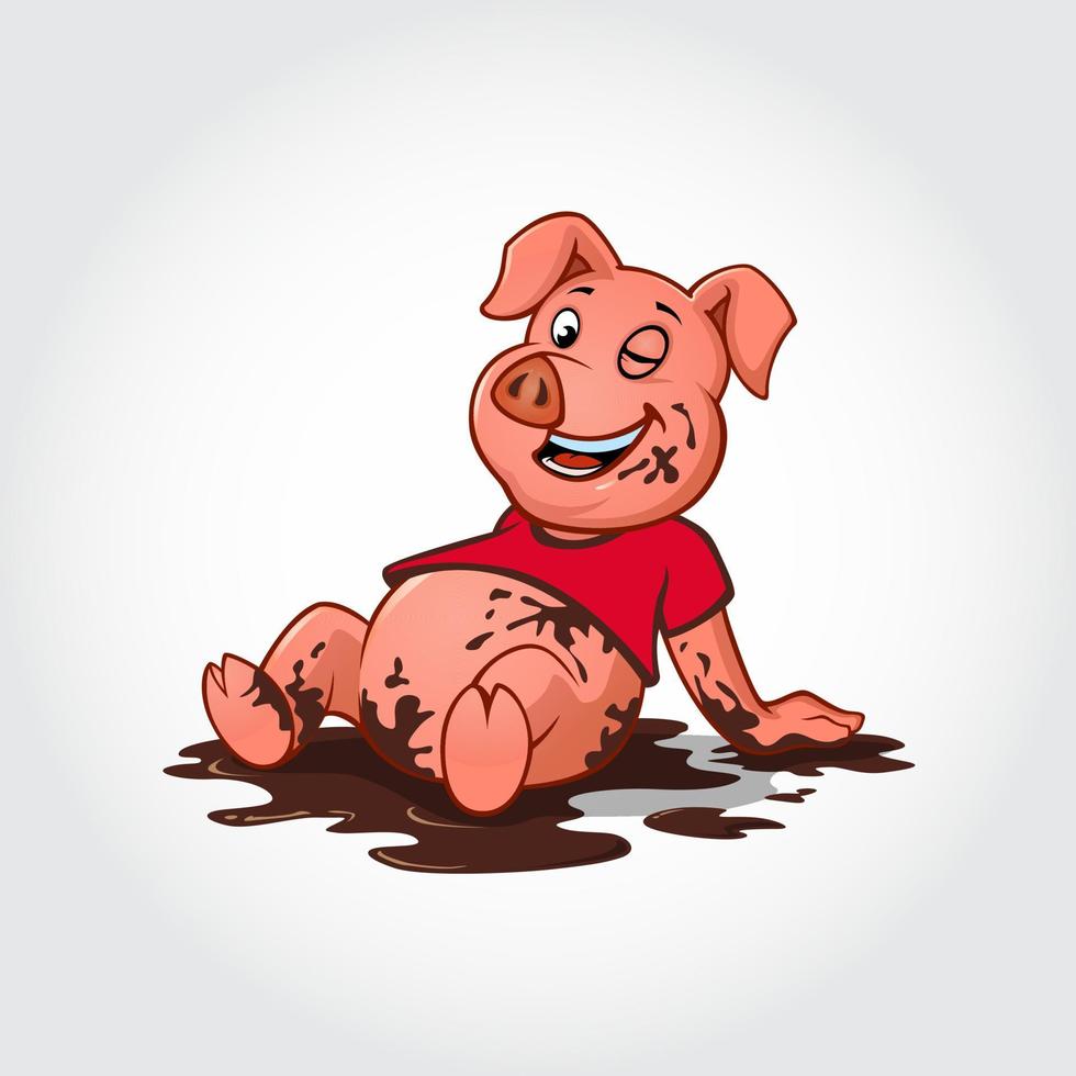 Cute happy pig sitting in a dirty pool, funny cartoon character vector