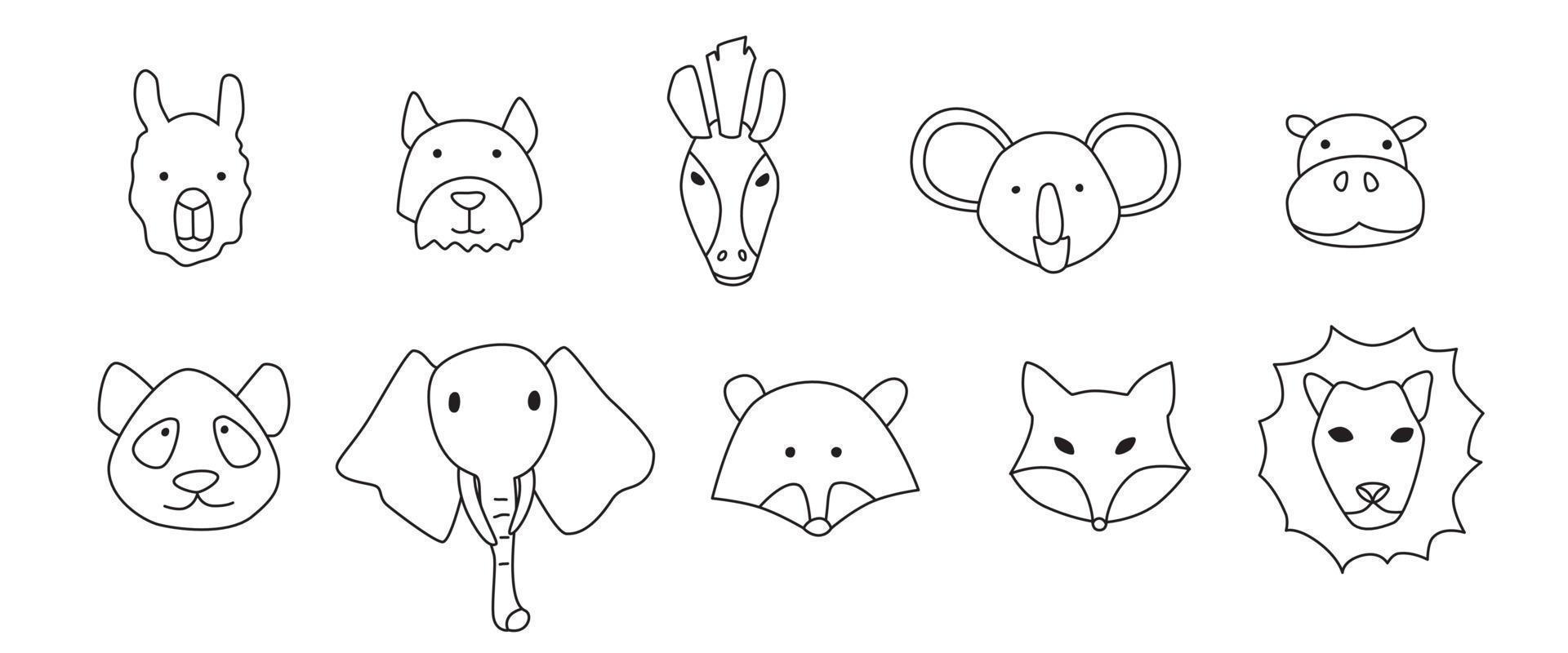 Animal faces outline hand drawn set. Wild life vector illustration. Design elements for coloring pages, nursery, t-shirt, stickers, logo.