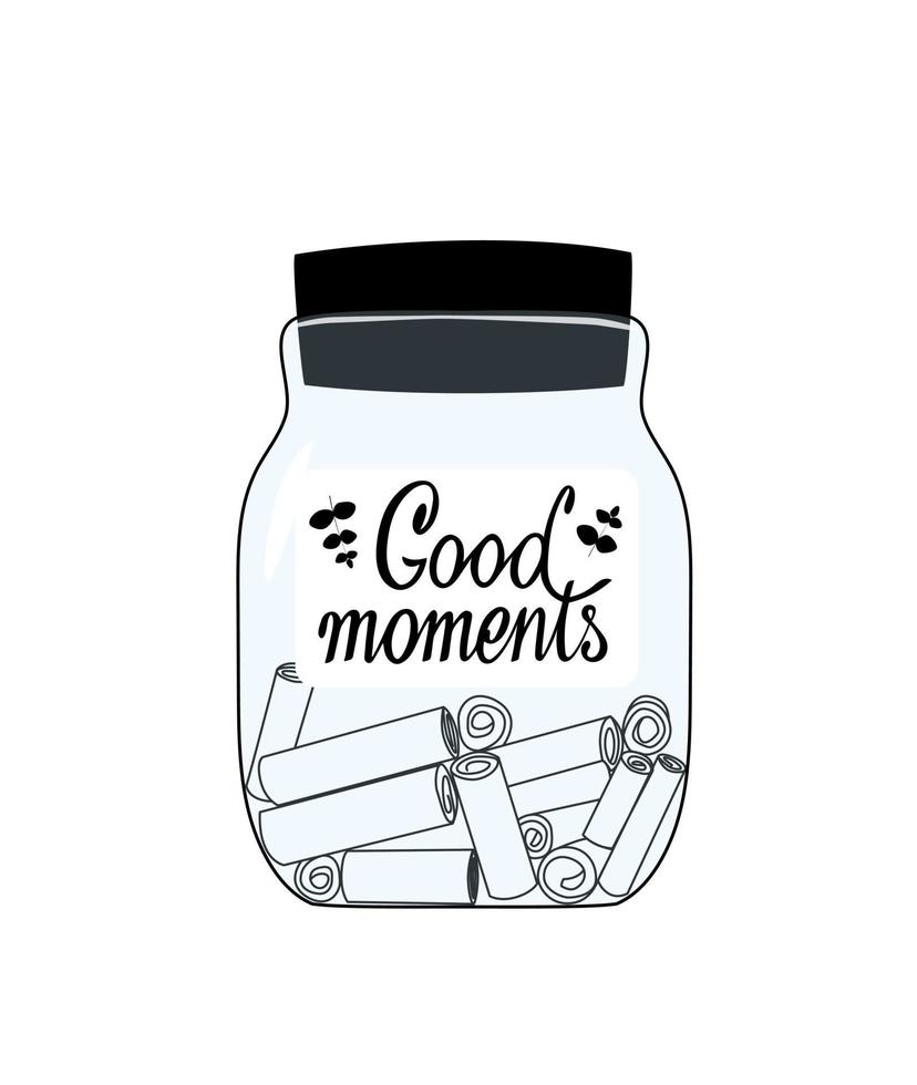 Glass jar with memories notes illustration. Collect moments. Positive thinking and mindfulness. Keeping good memories to support yourself. Good for cards, poster, article, sticker. vector