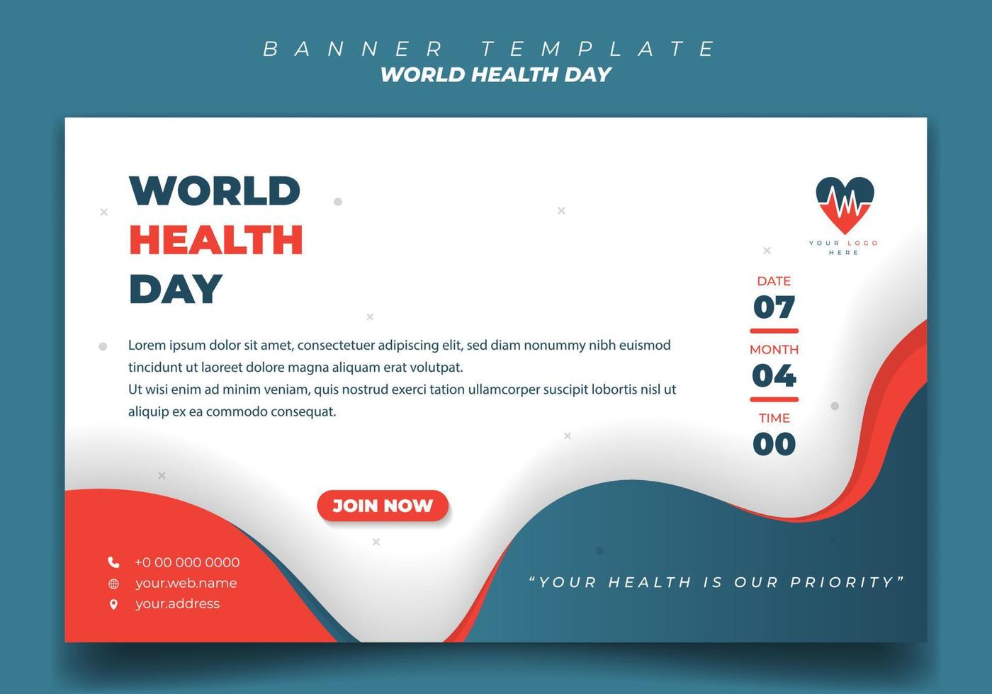 plantilla de banner del día mundial de la salud con azul, naranja y blanco en el fondo del paisaje. vector