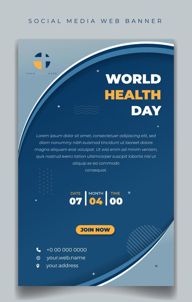 plantilla del día mundial de la salud para el diseño de banner de medios sociales con azul elegante en el fondo del retrato. vector