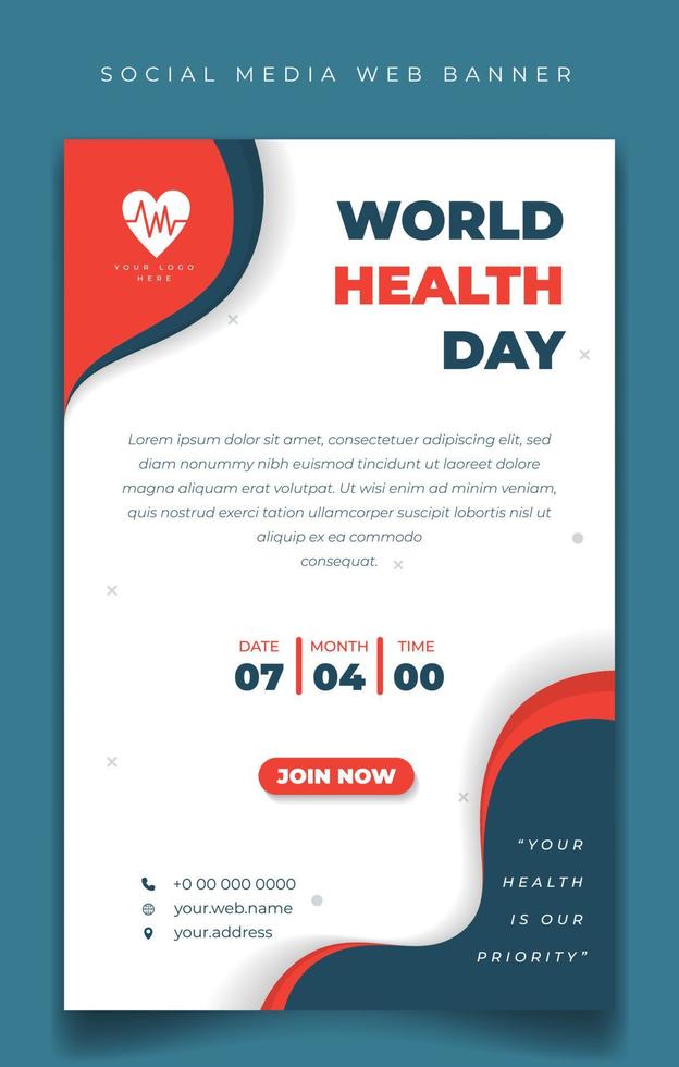 World Health Day template for social media banner with blue, orange and white in portrait background. vector