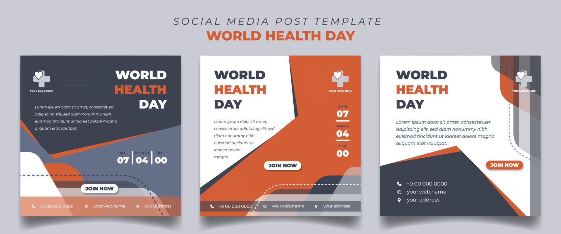 conjunto de plantillas cuadradas de publicación en medios sociales para el día mundial de la salud con fondo de color blanco, naranja y gris oscuro con diseño de forma simple. vector