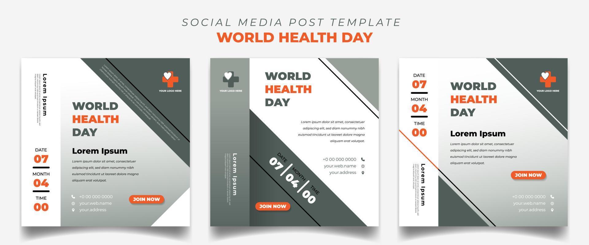 conjunto de plantillas cuadradas de publicaciones en medios sociales con fondo de color blanco, naranja y verde con un diseño elegante. diseño de plantilla del día mundial de la salud. vector