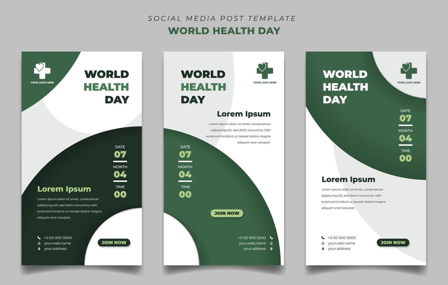 World health day template with green circle shape background design. Set of social media post template in portrait design. vector