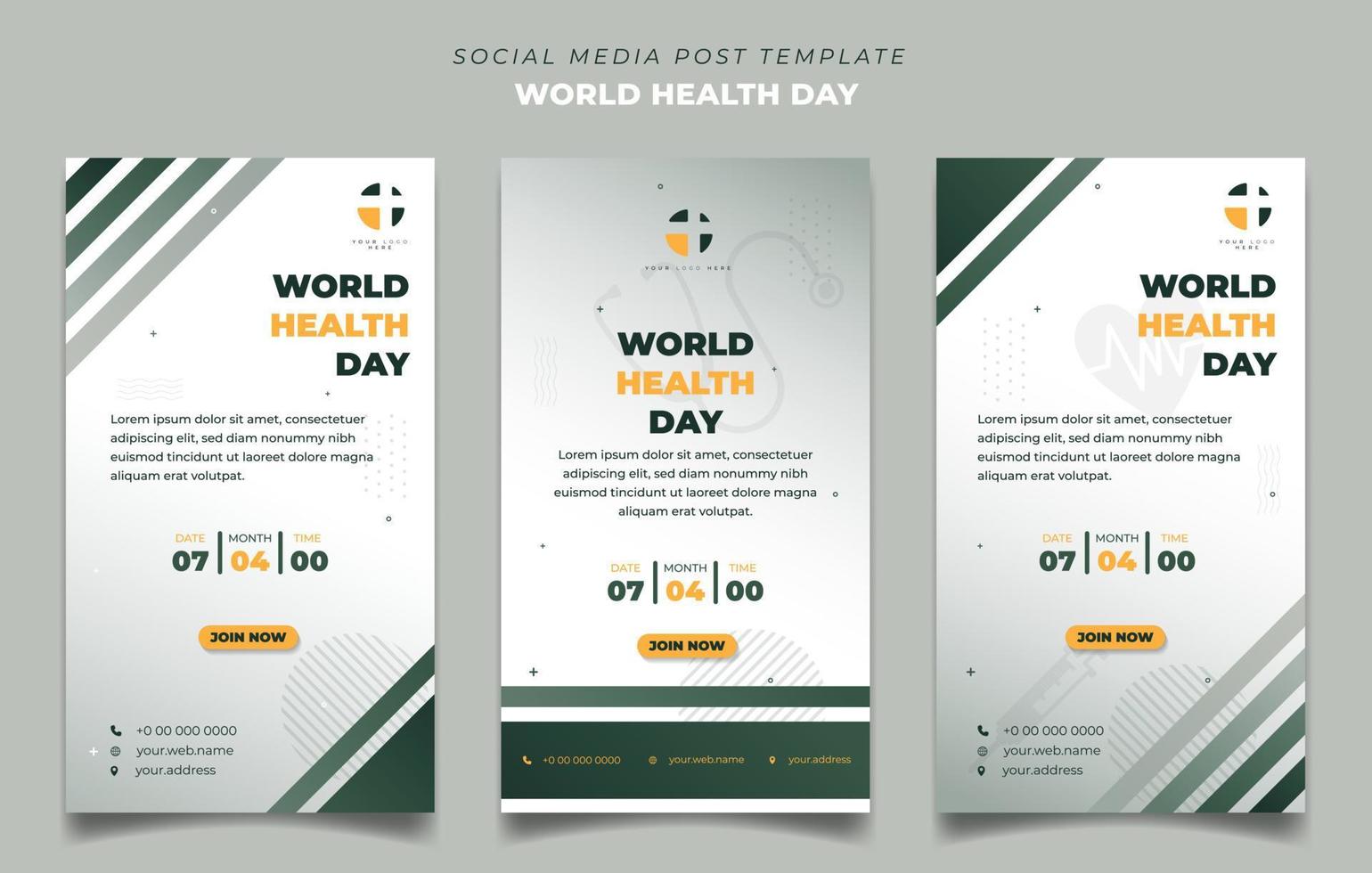 Set of Portrait social media post template for world health day with white and green background. Social media template with medical exam background. vector