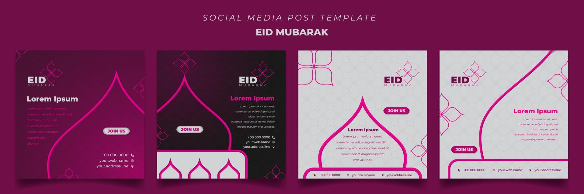 conjunto de plantillas de publicaciones en redes sociales en fondo cuadrado con diseño femenino para eid mubarak vector