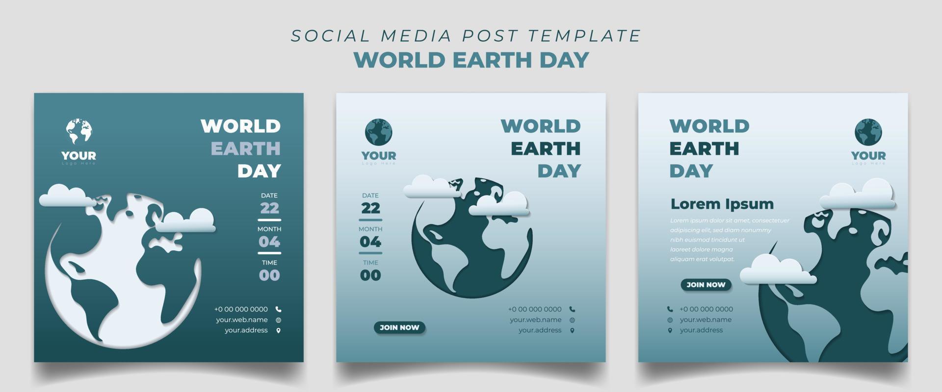 plantilla de publicación de redes sociales verde en diseño cuadrado. plantilla del día mundial de la tierra con diseño de fondo de tierra cortado en papel. vector