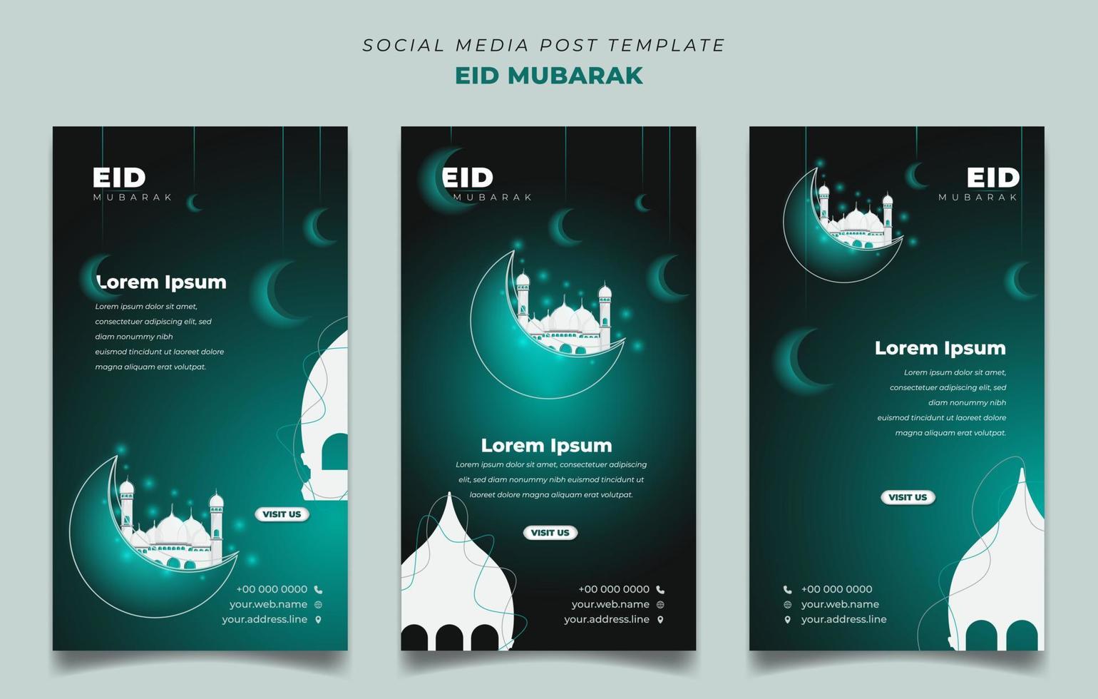 Set of green social media post template for eid mubarak design in portrait background. vector