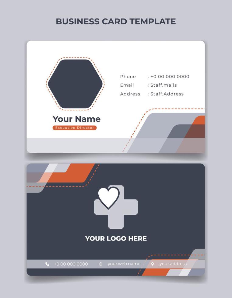 tarjeta de presentación en diseño blanco, gris oscuro y naranja. diseño de tarjeta de visita saludable. vector