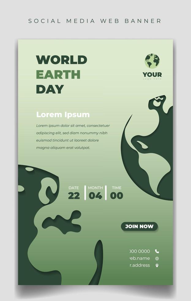 plantilla de banner web en diseño de retrato para el día mundial de la tierra con corte de papel de fondo de la tierra. vector