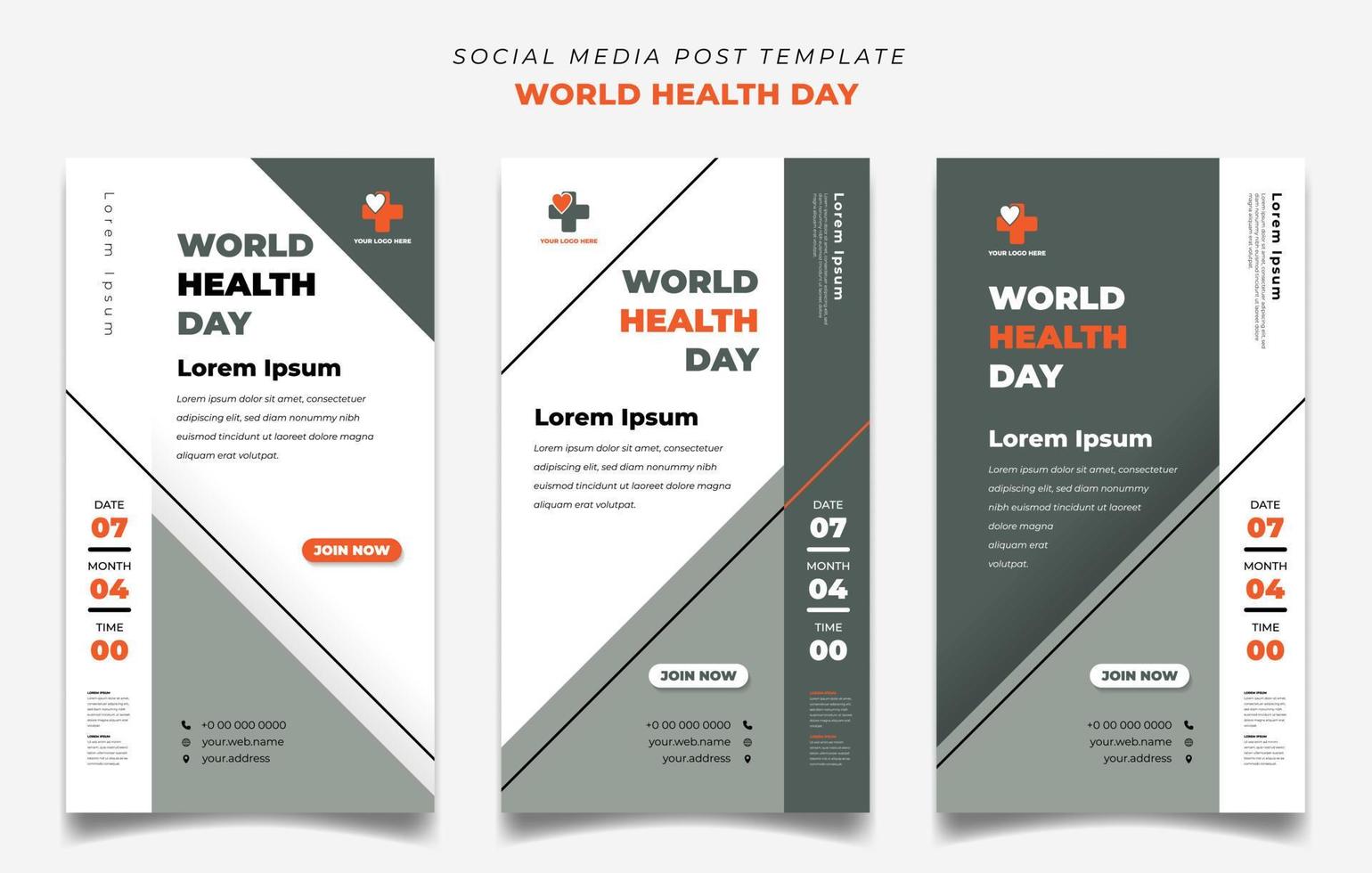World health day with white, orange, and green color background with elegant design. Set of social media post template in portrait design. vector