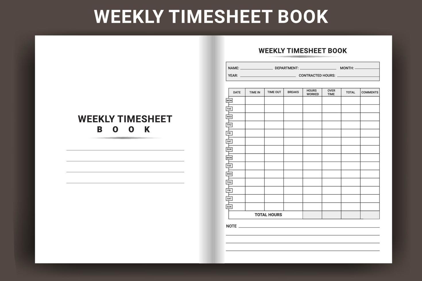 Weekly Timesheet Book. Timesheet log book interior. Business management notebook template. Time schedule journal template. Notebook interior. Office employee timesheet journal interior. vector