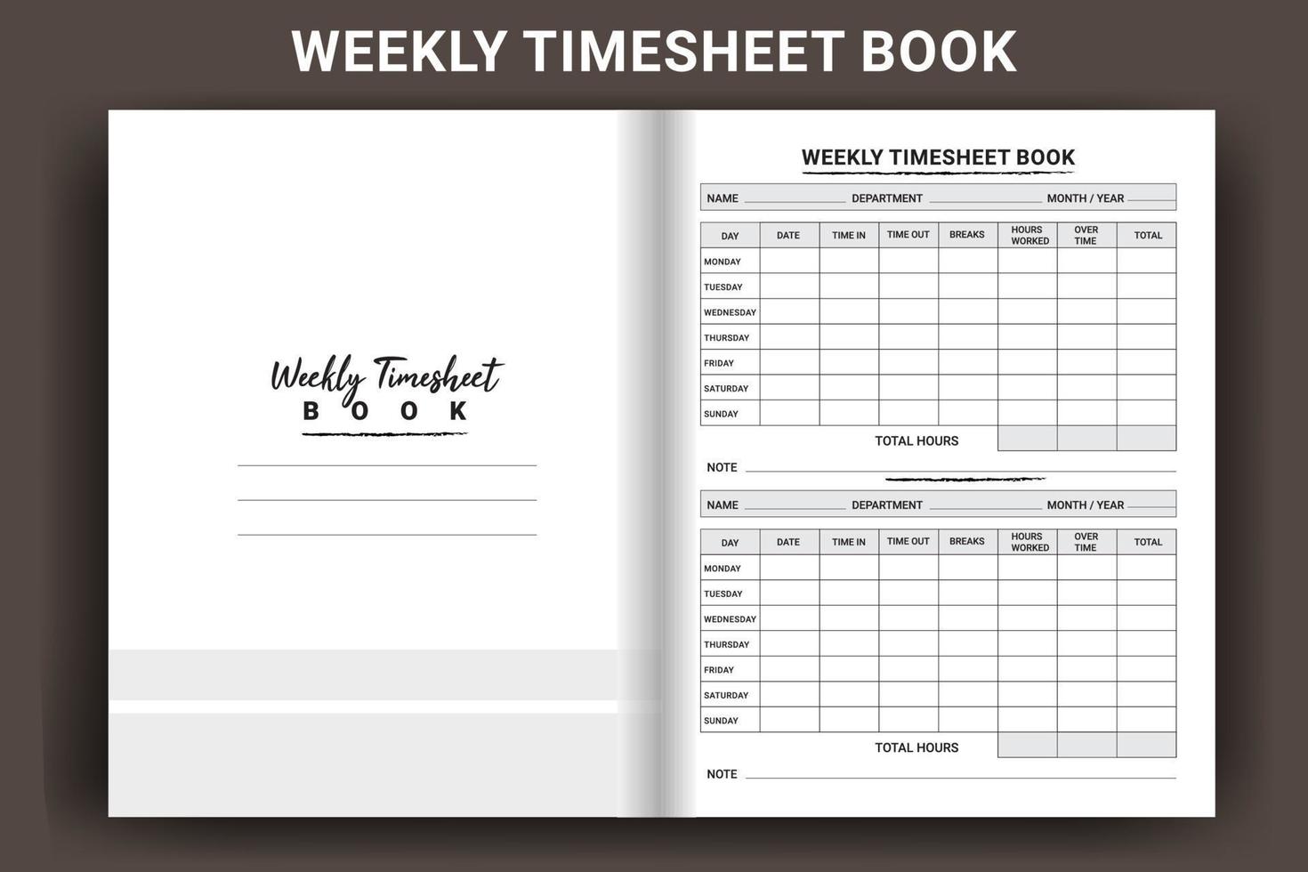 Weekly Timesheet journal template. Timesheet log book interior. Business management notebook template. Time schedule journal template. Notebook interior. Office employee timesheet journal interior. vector