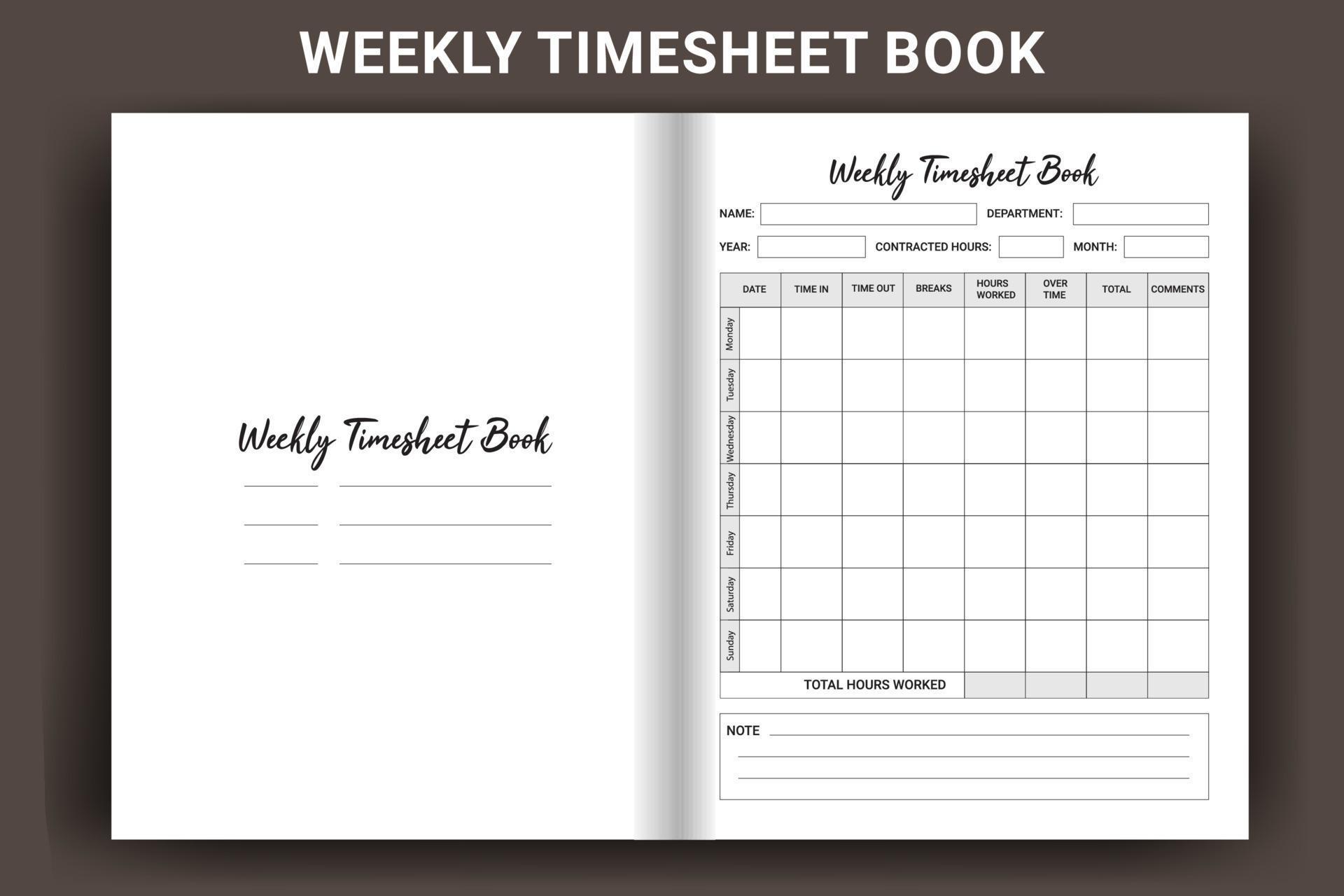 Weekly Timesheet Notebook interior. Timesheet log book interior