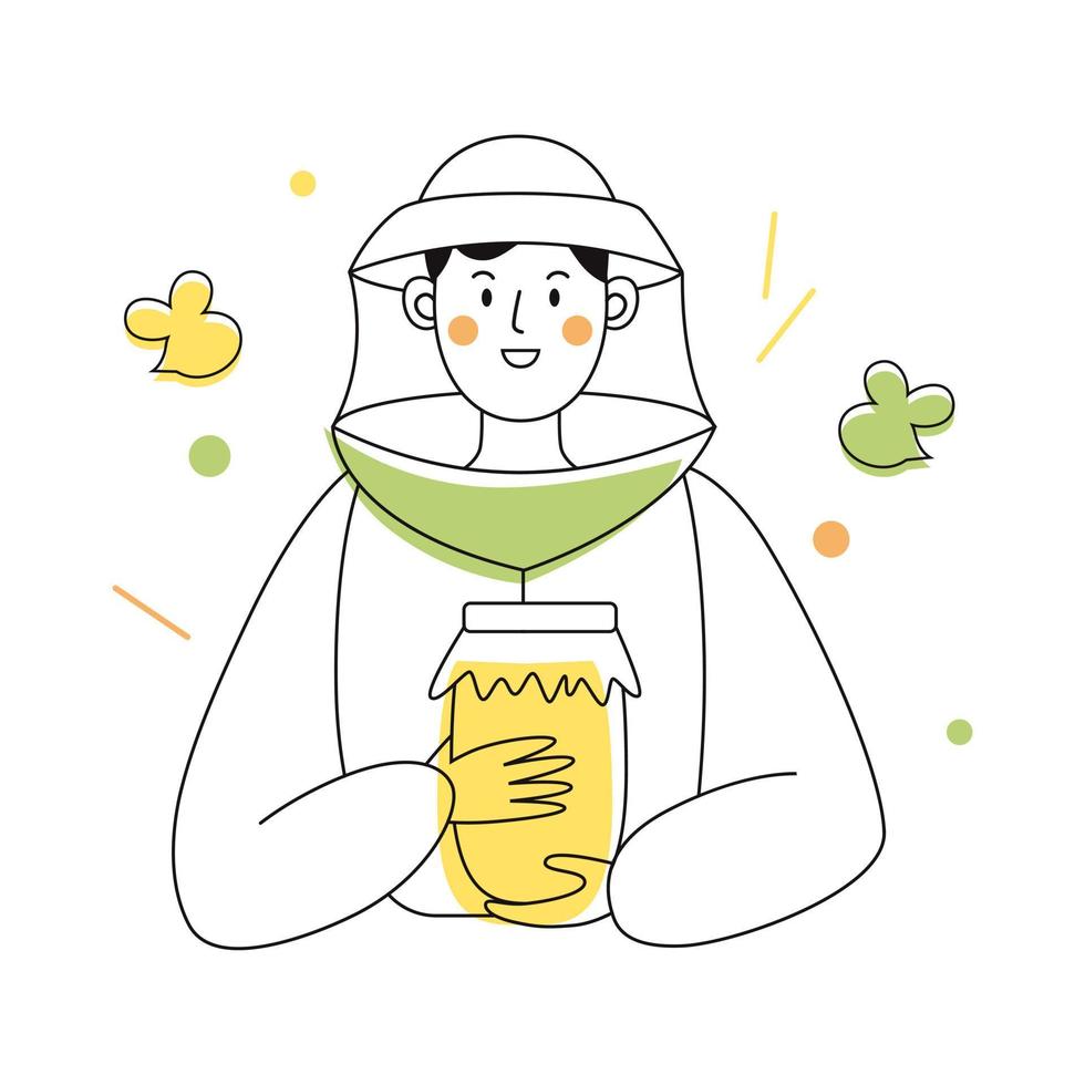 Beekeeper male character in a bee protection suit with a jar of honey. Outline illustration with colorful accents. vector