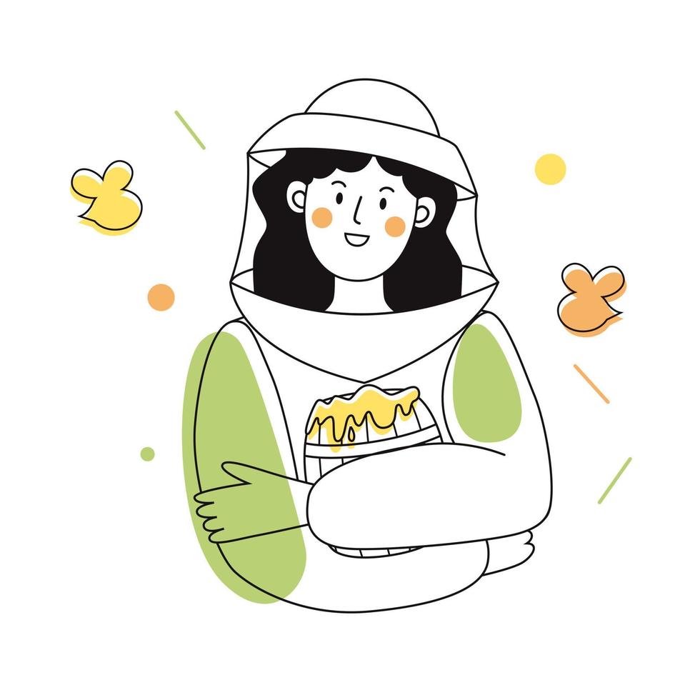 Beekeeper female character in a bee protection suit with a barrel of honey. Outline illustration with colorful accents. vector