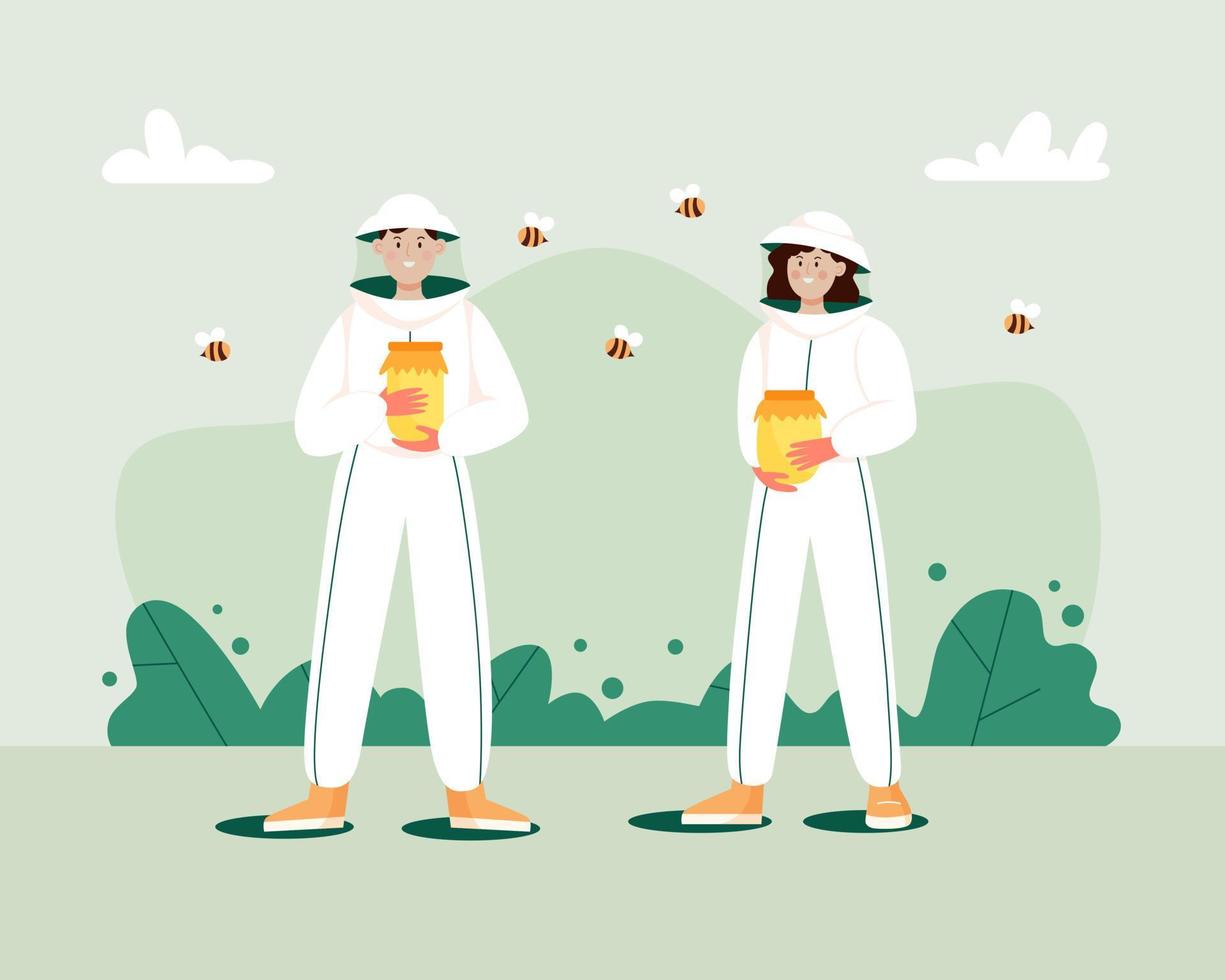 Man and woman in hat and protective uniform hold jars of honey. Beekeeping workers in uniforms. Concept of beekeeping. vector