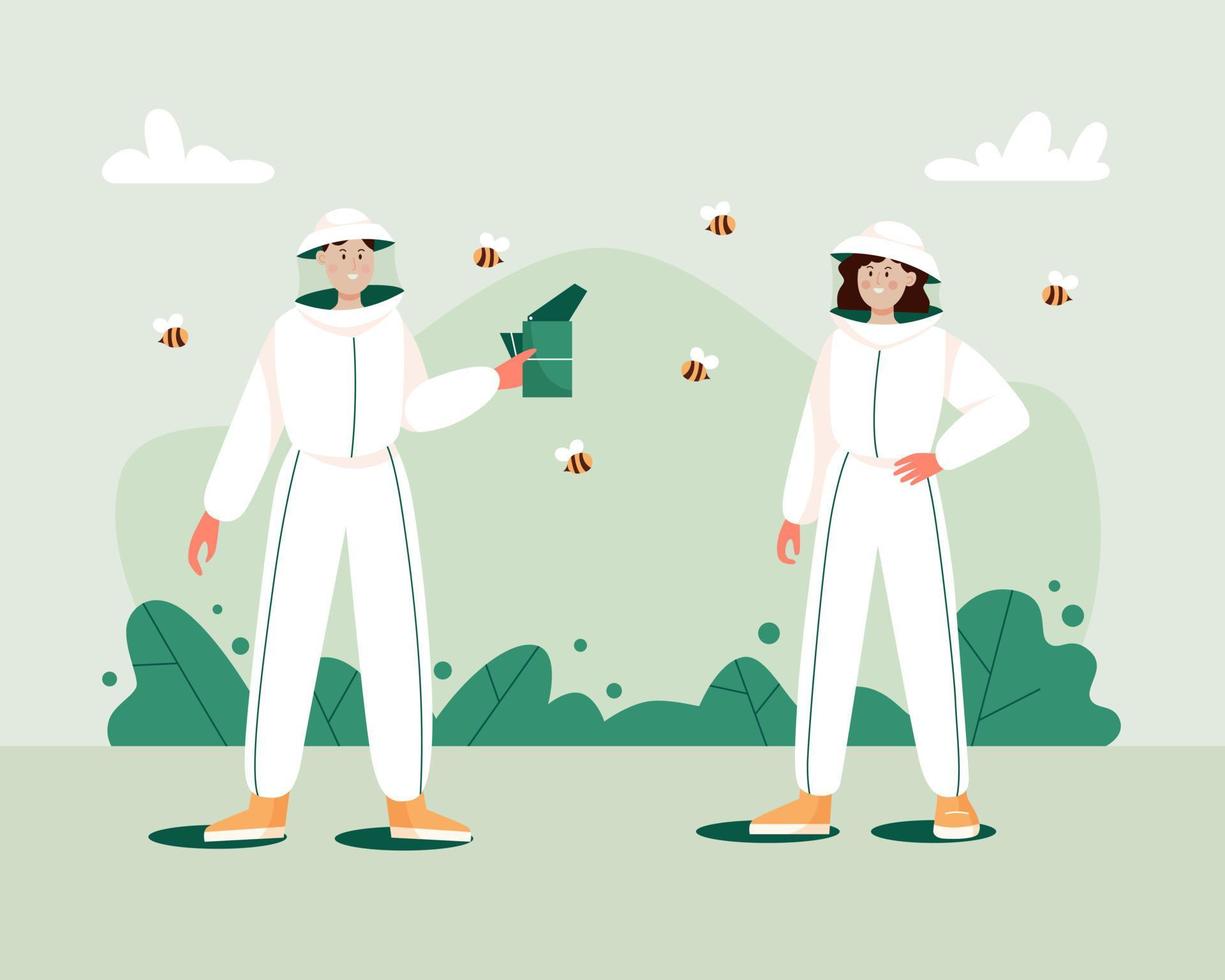 hombre y mujer con sombrero con malla fina protectora y monos con un dispositivo fumador de abejas. trabajadores de la apicultura en uniformes. concepto de apicultura. vector