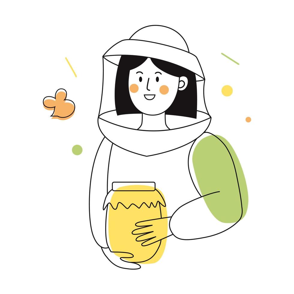 personaje femenino apicultor con traje de protección de abejas con un tarro de miel. ilustración de esquema con acentos coloridos. vector