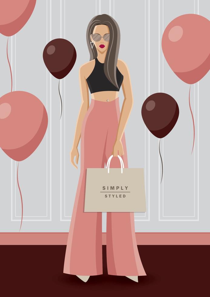 vector de ilustración de moda. La mujer de moda usa un top corto negro con pantalón de cintura alta rosa rosa. ella está parada en la lujosa habitación vintage. hay globos a su alrededor.