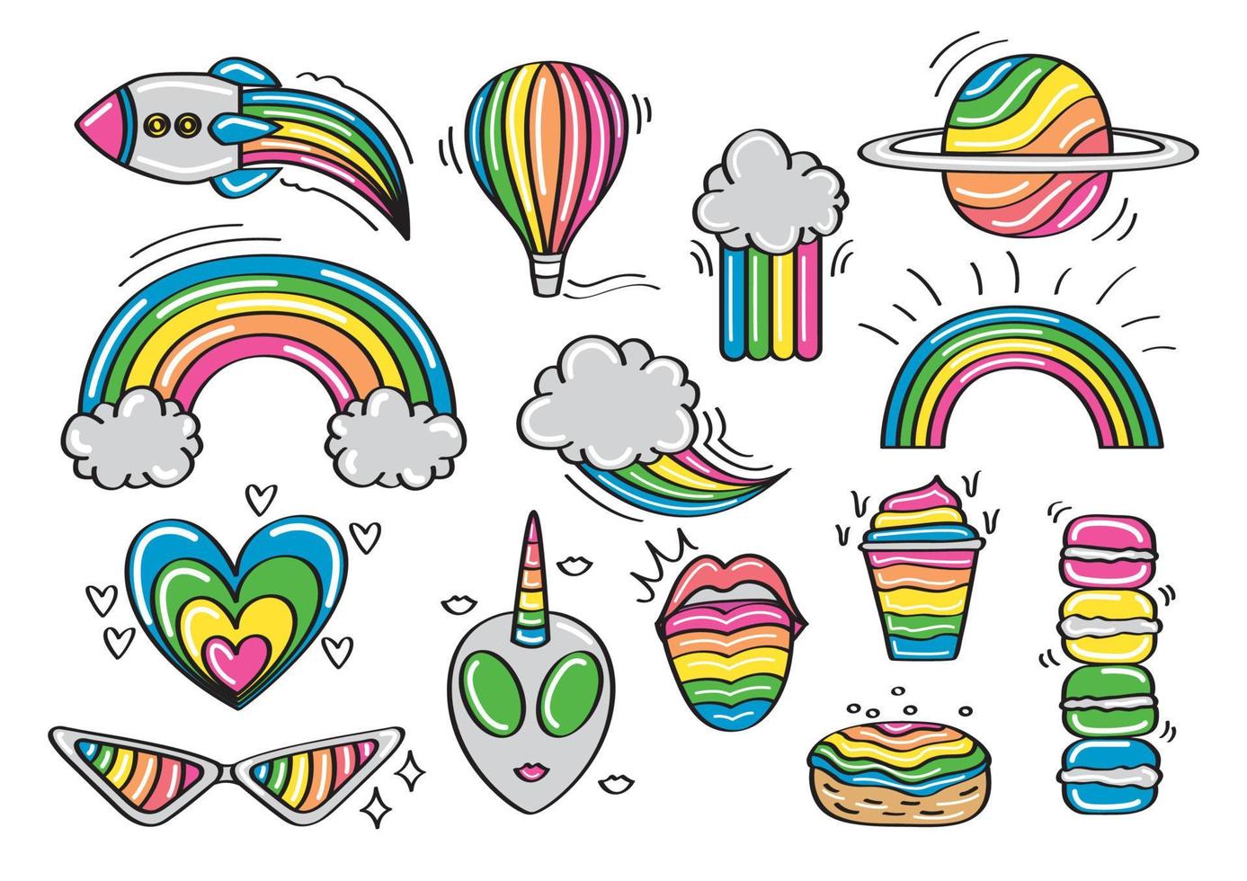 vector de arte del doodle del tema del color del arco iris. cosas lindas y coloridas para niña.