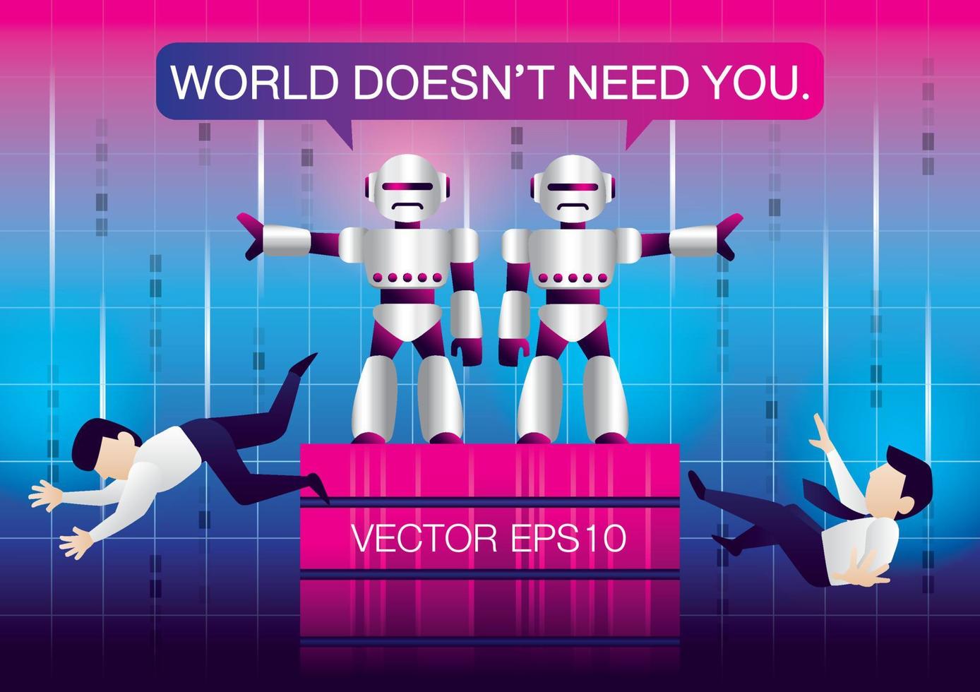 Illustration Vector. Robots replace human worker.  Robots takeover human job. Robots eliminate humans. Robots destroy human. vector